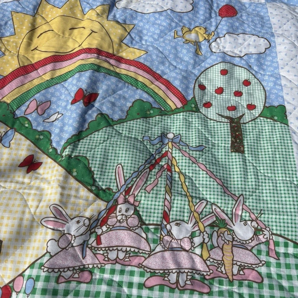 VTG Old McDonald Baby Blanket Quilt Throw Blue White Gingham Sun Rainbow Balloon